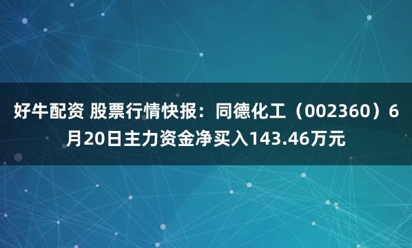 好牛配资 股票行情快报：同德化工（002360）6月20日主力资金净买入143.46万元